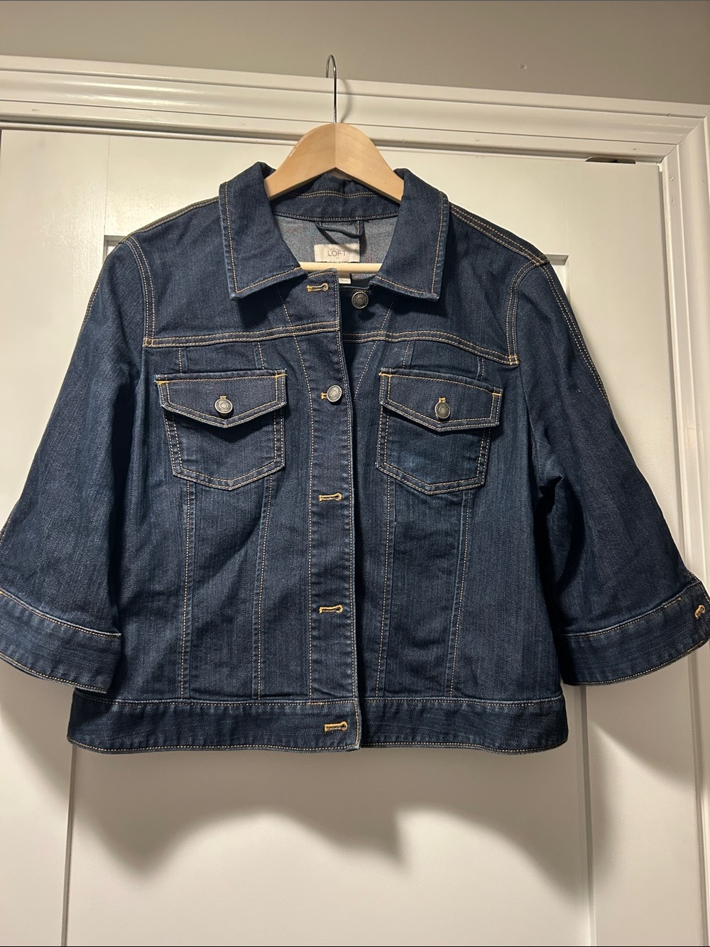LOFT Dark Blue Denim Jacket with Button-Front Trucker Style